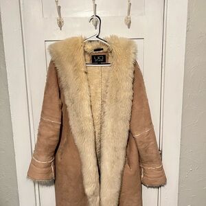 Elegant Tan Faux Fur Trim Trench Coat